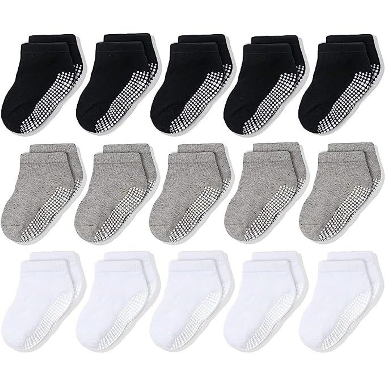 CozyWay Non-Slip Ankle Grip Low Cut Baby Socks, 15 Pack for Boys and Girls, Black/White/Gray, 6-12 Months Old, Unisex